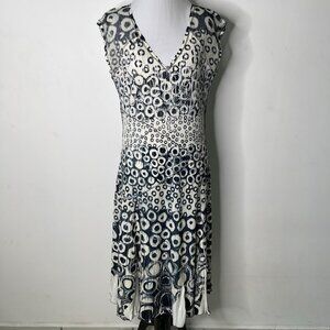 Komarov Women's White Blue Sleeveless V-Neck Geometric Print Mini Dress Large